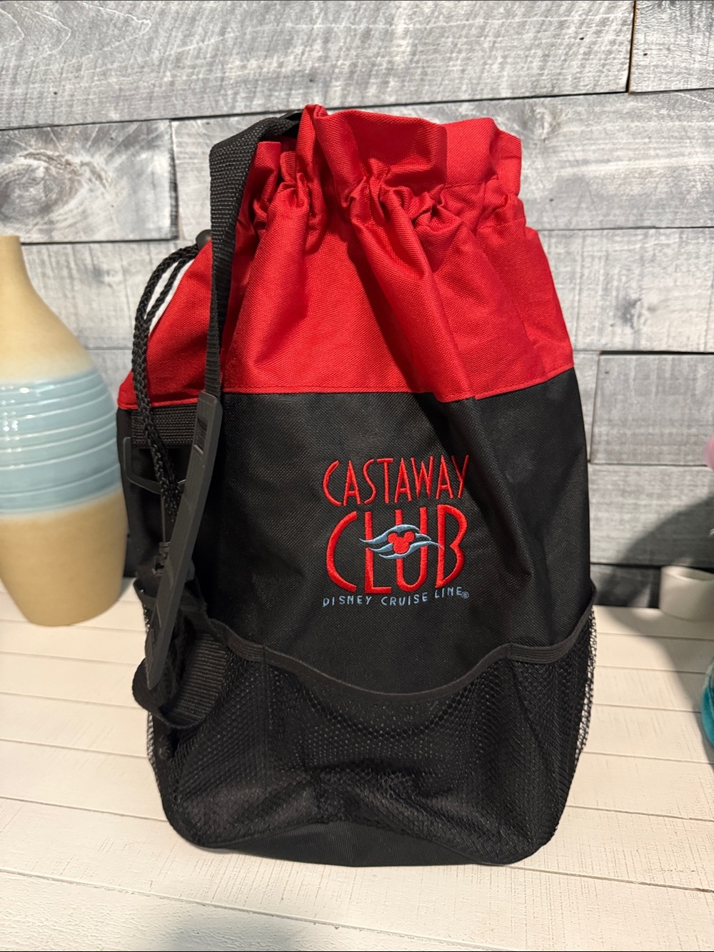 Disney Castaway Club Red and Black Drawstring Tote